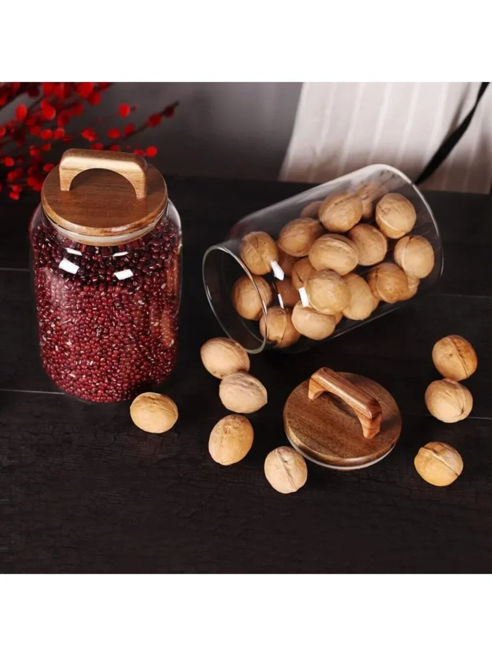 Airtight Glass Canister Set of 2 with Acacia Lids for Kitchen Storage - Food
